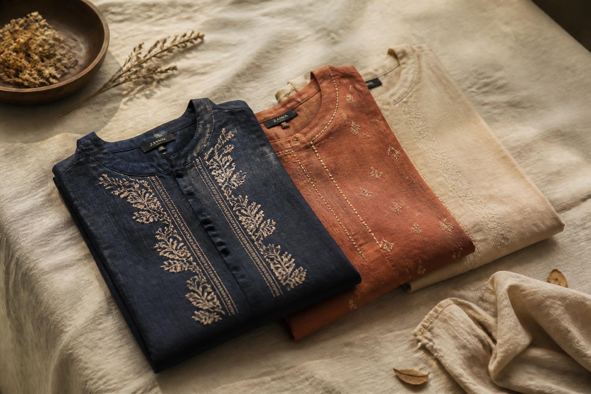 Handmade indigo and terracotta ethnic wear laid on a linen surface